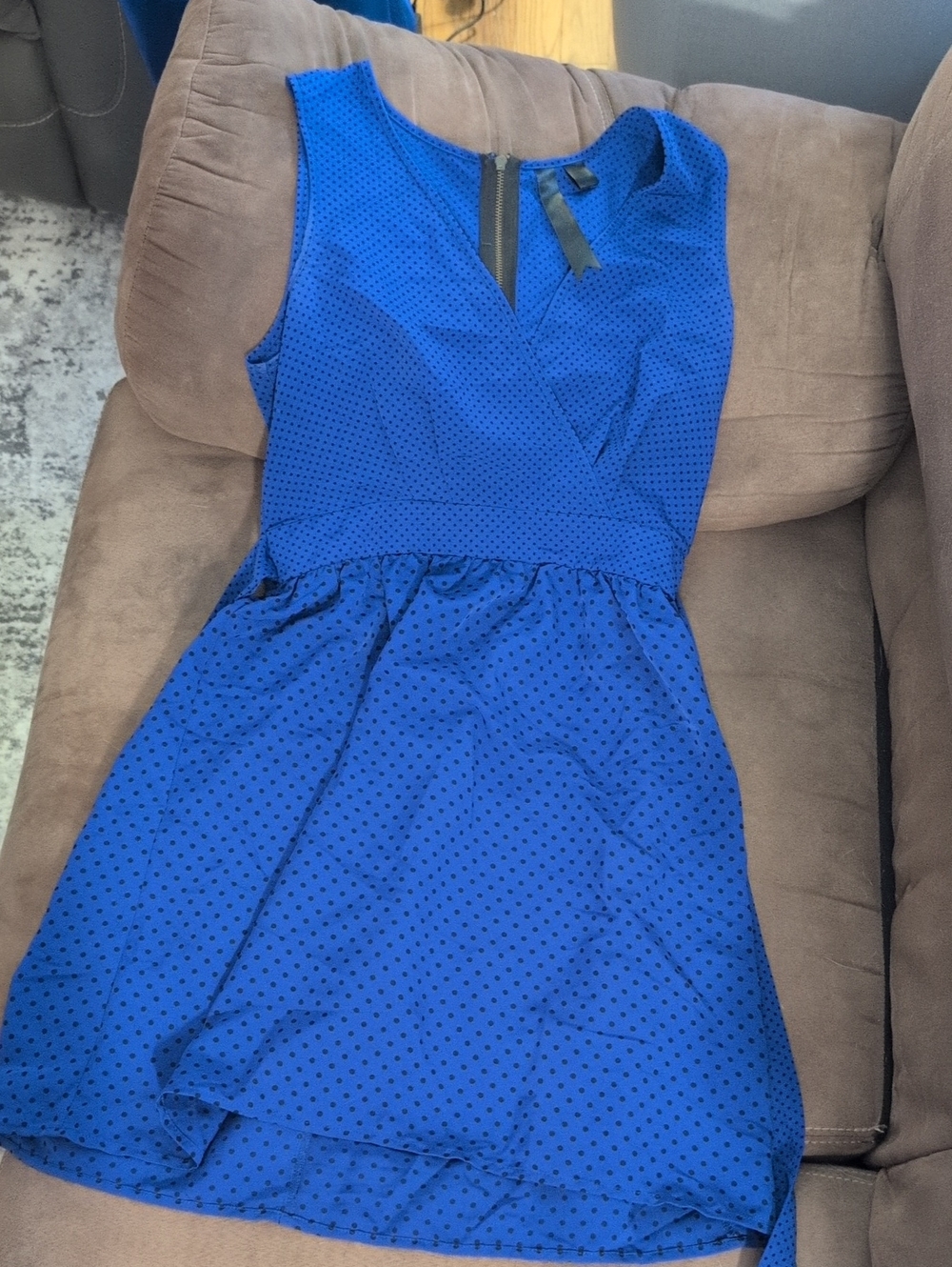 Royal Blue Sleeveless Polka Dot Skater Dress Tie Back V Neck